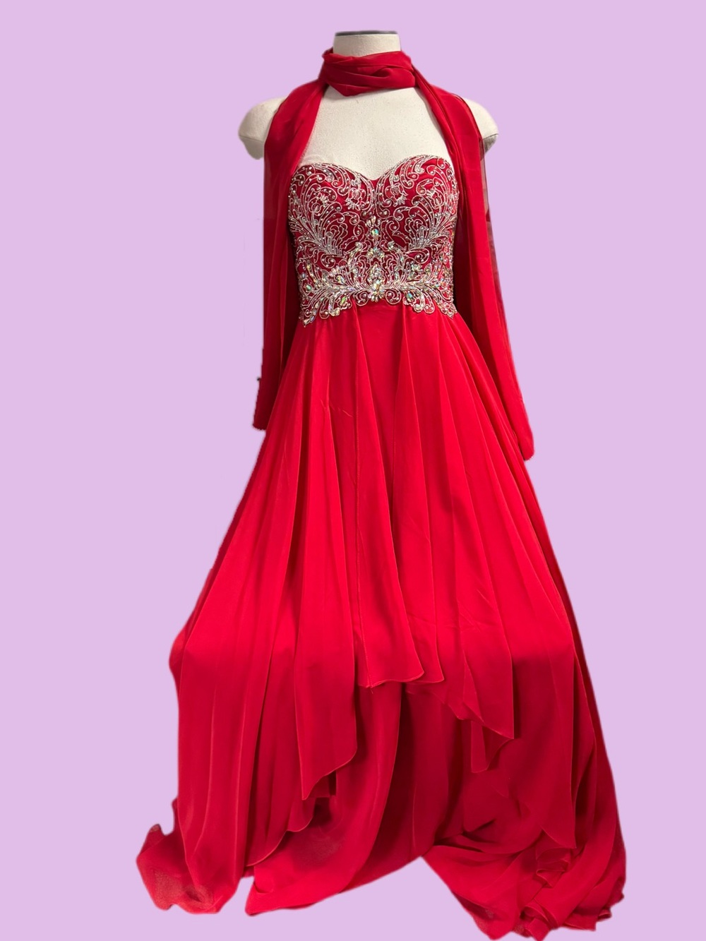 Red Strapless Beaded Prom Dress with Matching Scarf